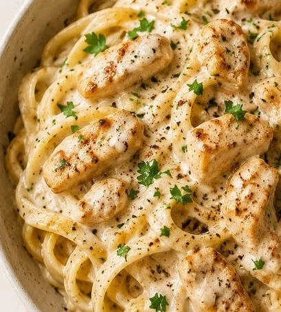 Hähnchen-Pasta in cremiger Soße auf einem Teller serviert