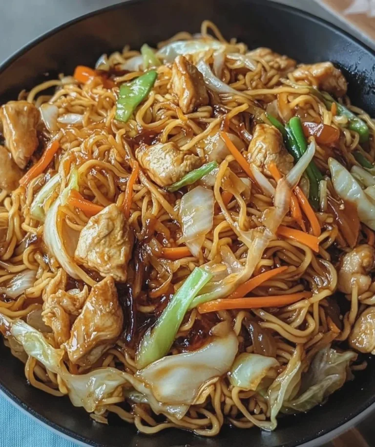 Hühner-Chow-Mein serviert mit frischem Gemüse und Reis