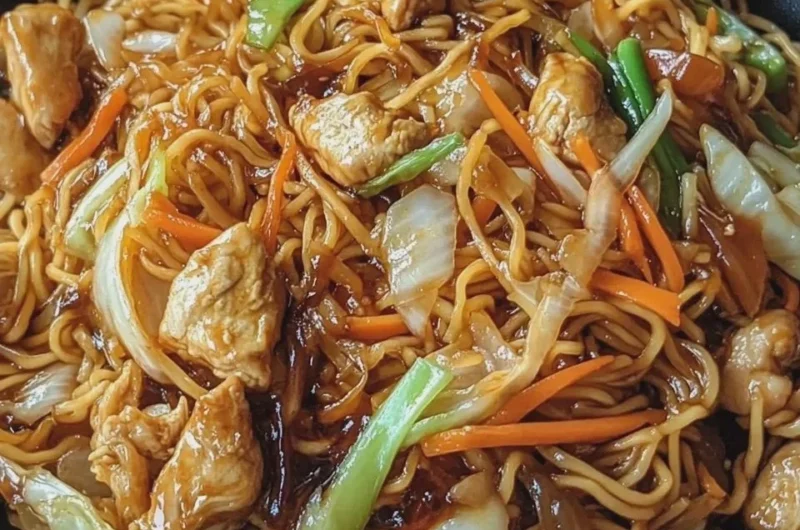 Hühner-Chow-Mein serviert mit frischem Gemüse und Reis