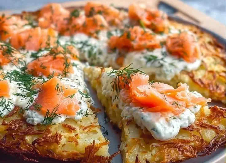 Kartoffelpizza mit Lachs Rezept auf einem Teller serviert