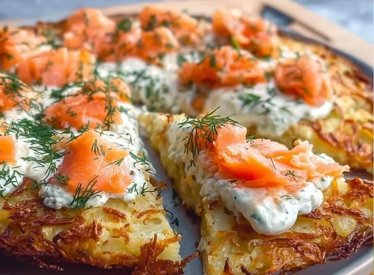 Kartoffelpizza mit Lachs Rezept auf einem Teller serviert