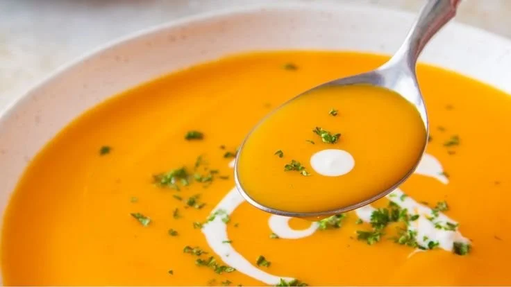 Schüssel mit klassischer Kürbissuppe, garniert mit Kräutern
