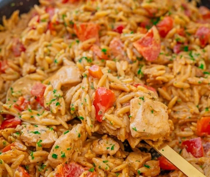 Köstliches Kritharaki Rezept mit Hähnchen und Paprika auf einem Teller serviert.