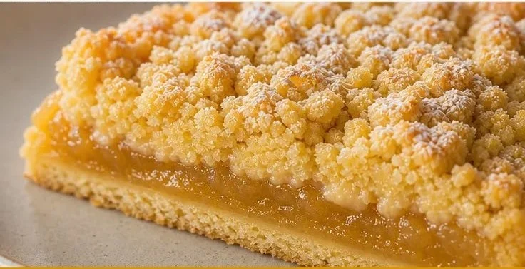 Kuchen mit Apfelmus und Vanillepudding auf einem weißen Teller