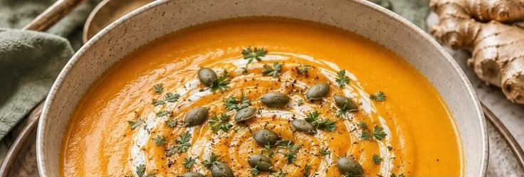 Schüssel mit cremiger Kürbissuppe garniert mit frischen Kräutern