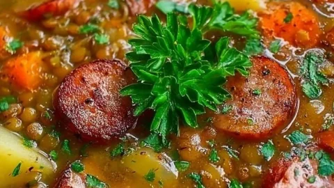 Linsensuppe mit Würstchen in einer Schüssel, serviert mit frischem Brot.