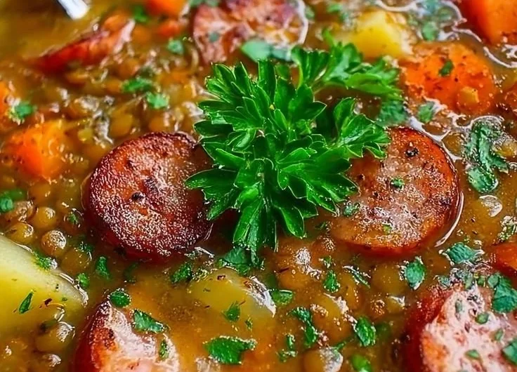 Linsensuppe mit Würstchen in einer Schüssel, serviert mit frischem Brot.