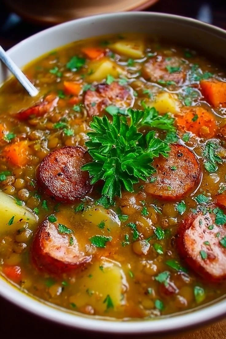 Linsensuppe mit Würstchen in einer Schüssel, serviert mit frischem Brot.