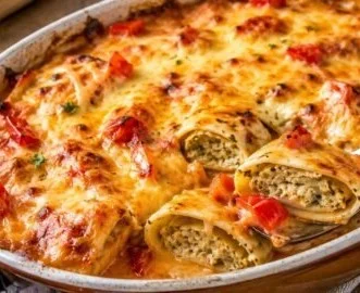 Maultaschen-Auflauf mit Käse und Gemüse im Auflaufgericht angerichtet