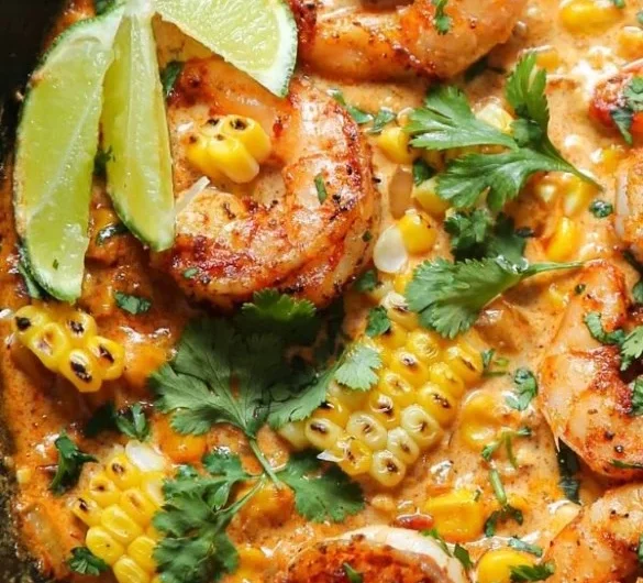 Schmackhafter mexikanischer Straßenmais mit Garnelen und Feta-Sauce auf einem Teller.