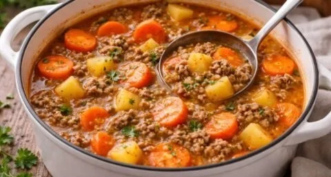 Leckere Portion Möhreneintopf mit Hackfleisch in einer bunten Schüssel