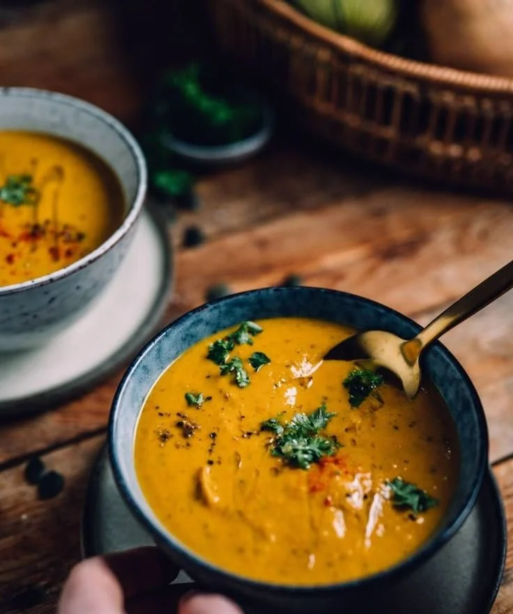 Schüssel mit leckerer Ofenkürbis-Curry-Suppe