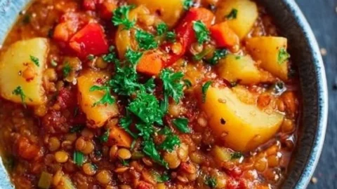Paprika-Kartoffel-Topf mit Linsen auf einem Teller serviert