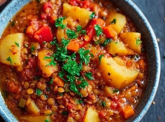 Paprika-Kartoffel-Topf mit Linsen auf einem Teller serviert