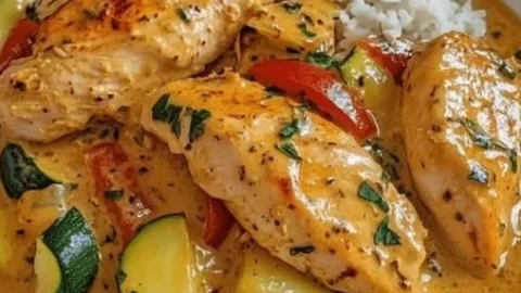 Paprika Zucchini Hähnchen in Sahne auf einem Teller serviert