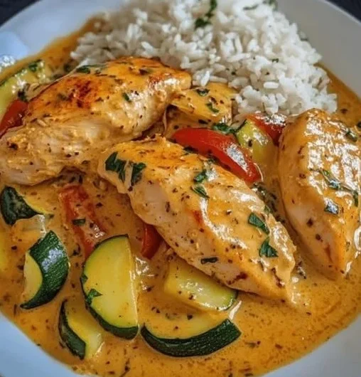 Paprika Zucchini Hähnchen in Sahne auf einem Teller serviert