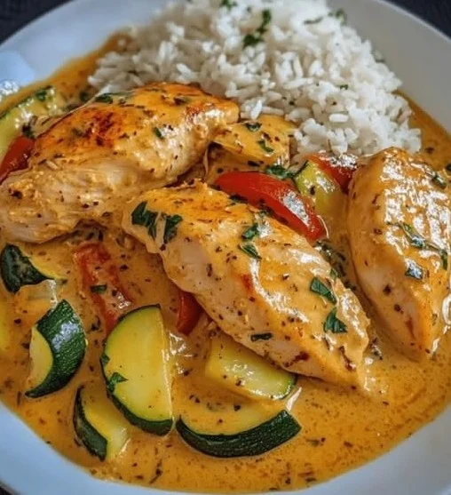 Paprika Zucchini Hähnchen in Sahne auf einem Teller serviert