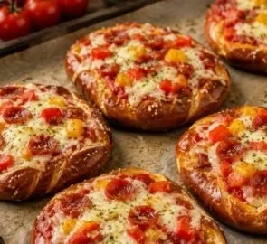 Leckere Pizza-Brezel aus Laugenbrezeln frisch aus dem Ofen