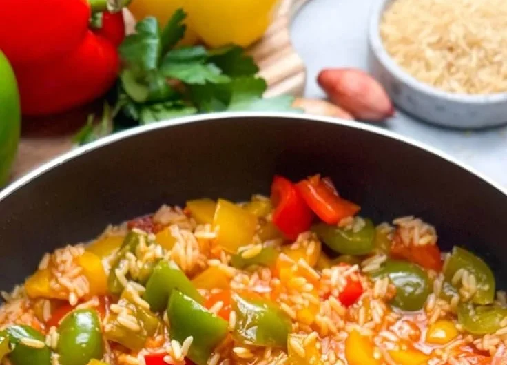 Reis-Pfanne mit Paprika, gesundes Rezept und bunte Zutaten