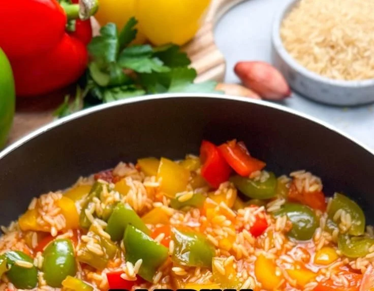 Reis-Pfanne mit Paprika, gesundes Rezept und bunte Zutaten