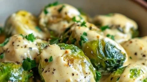 Rosenkohl in cremiger Frischkäse-Senfsauce auf einem Teller serviert.