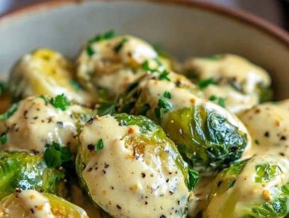 Rosenkohl in cremiger Frischkäse-Senfsauce auf einem Teller serviert.