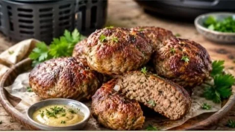Saftige Airfryer Frikadellen frisch aus dem Airfryer auf einem Teller