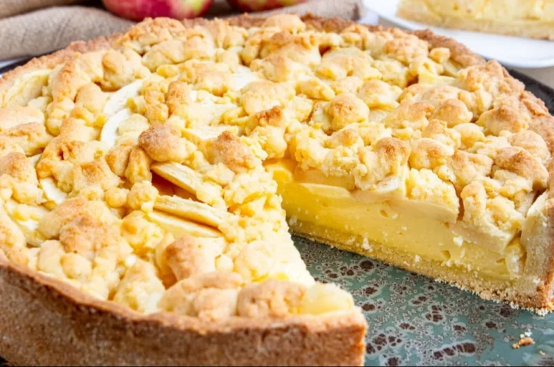 Saftiger Apfelkuchen mit Pudding nach Omas Rezept auf einem Teller.