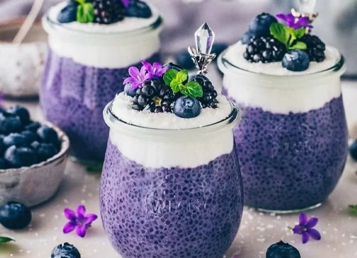 Veganes Blaubeer-Chia-Pudding in einer Schüssel mit frischen Beeren