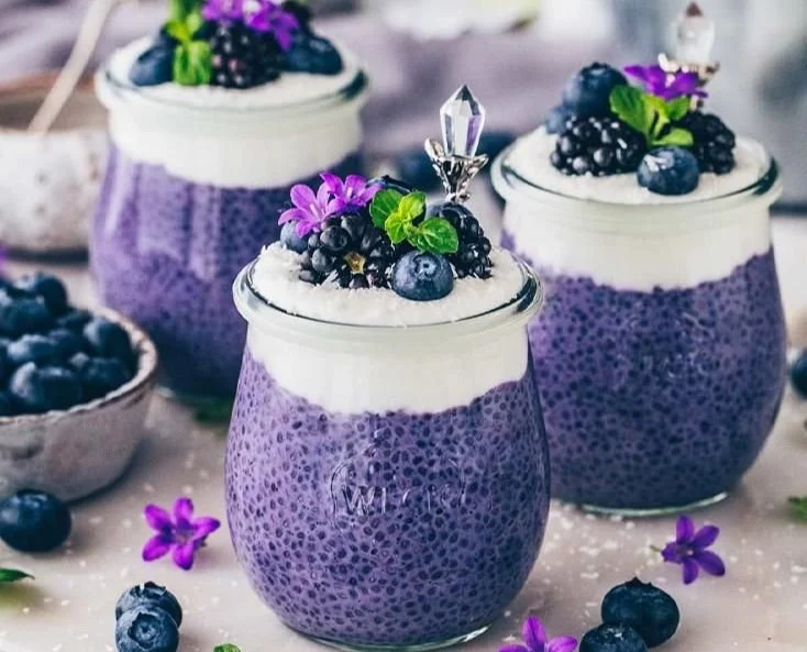 Veganes Blaubeer-Chia-Pudding in einer Schüssel mit frischen Beeren
