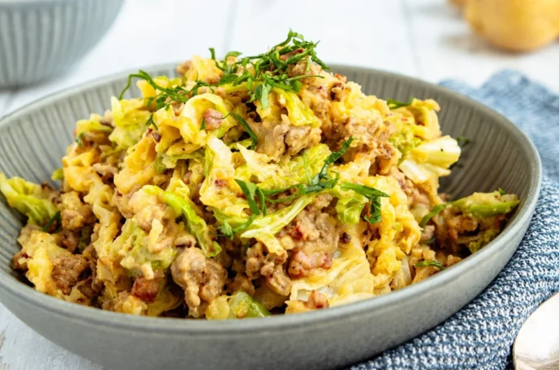 Wirsing Hackfleisch und Kartoffeln in einer schmackhaften Pfanne zubereitet