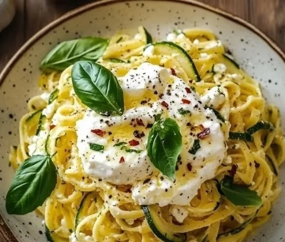 Zitronen-Zucchini-Pasta mit cremiger Burrata auf einem Teller