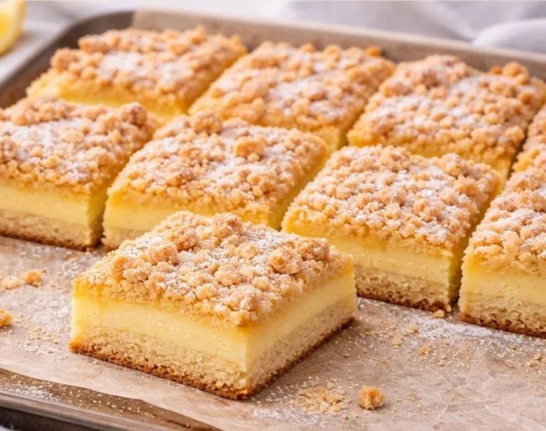 Blechkuchen mit Pudding und Streuseln auf einem Teller serviert