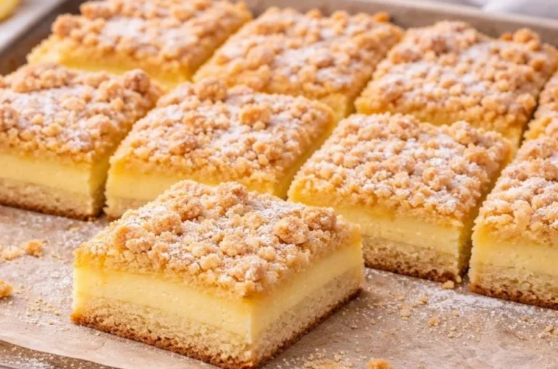 Blechkuchen mit Pudding und Streuseln auf einem Teller serviert