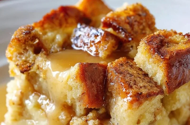 Brot-Pudding mit Vanille-Karamellsoße auf einem Teller serviert