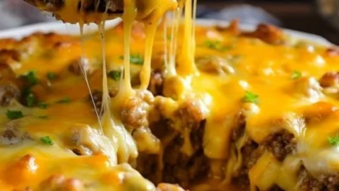 Cremiger Cheeseburger Auflauf frisch aus dem Ofen.