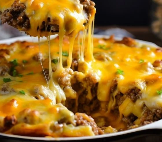 Cremiger Cheeseburger Auflauf frisch aus dem Ofen.