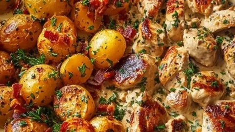 Cremige Hähnchen-Pfanne mit knusprigen Drillinge-Kartoffeln auf einem Teller