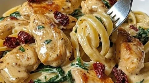 Cremige toskanische Hähnchenpasta mit frischen Kräutern und Parmesan