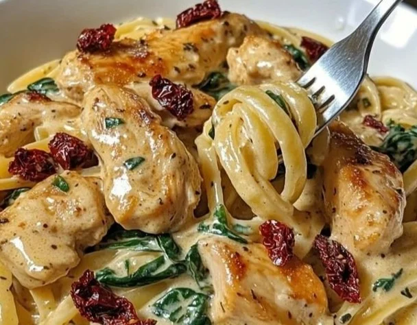 Cremige toskanische Hähnchenpasta mit frischen Kräutern und Parmesan