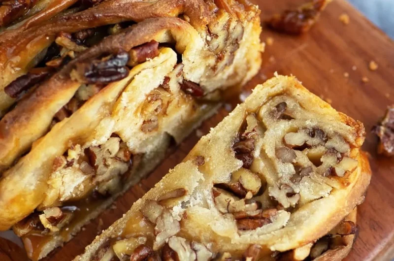 Ein köstlicher Maple Caramel Pecan Sticky Babka Cake auf einem Teller