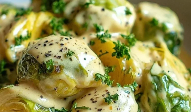 Rosenkohl in cremiger Frischkäse-Senfsauce serviert