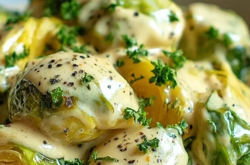 Rosenkohl in cremiger Frischkäse-Senfsauce serviert