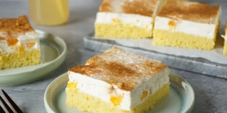 Leckerer Fantakuchen mit Schmand und Mandarinen auf einem Teller