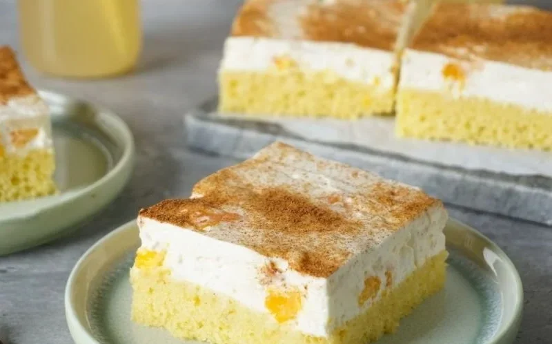 Leckerer Fantakuchen mit Schmand und Mandarinen auf einem Teller