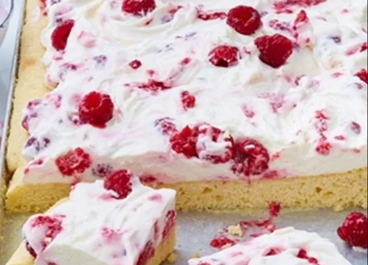 Fantakuchen mit Himbeeren auf einem Blech, frisch gebacken