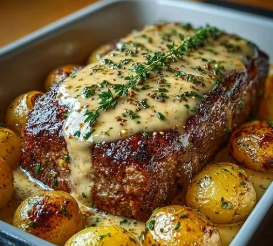 Leckerer Hackbraten mit Kartoffeln und Sahnesauce auf einem Teller serviert.