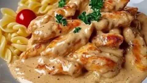 Cremige Hähnchen Pasta auf einem Teller mit frischen Kräutern garniert.