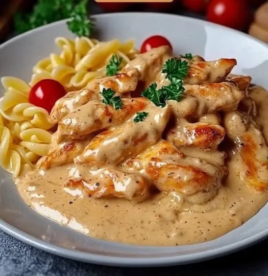 Cremige Hähnchen Pasta auf einem Teller mit frischen Kräutern garniert.