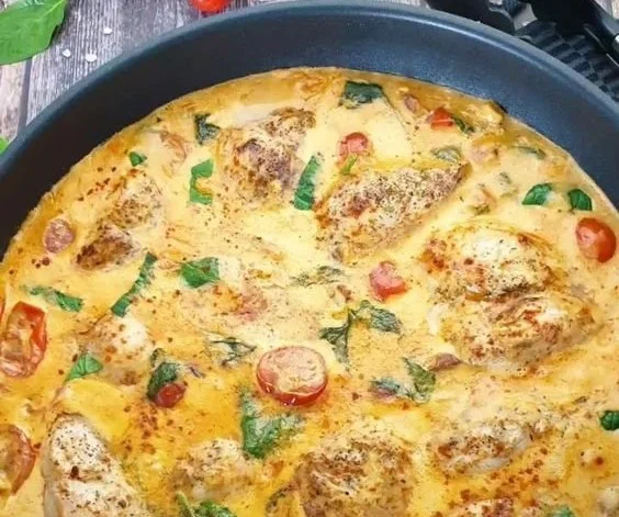 Hähnchenfilet in cremiger Frischkäse-Parmesan-Soße mit Nudeln